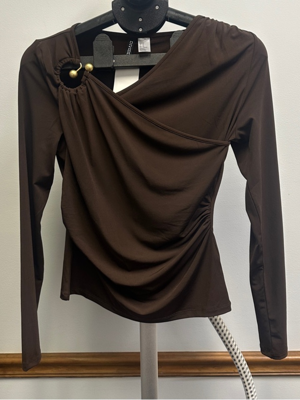 Divided Brown Long-Sleeve Draped Top with Ring Detail